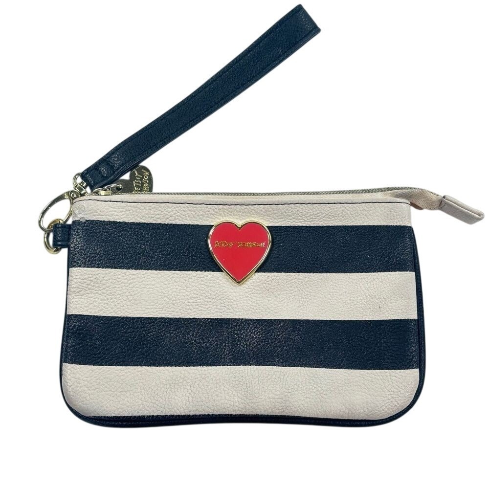 Betsey Johnson Women's Cosmetic Money Bag Medium Navy & Cream Striped Wristlet